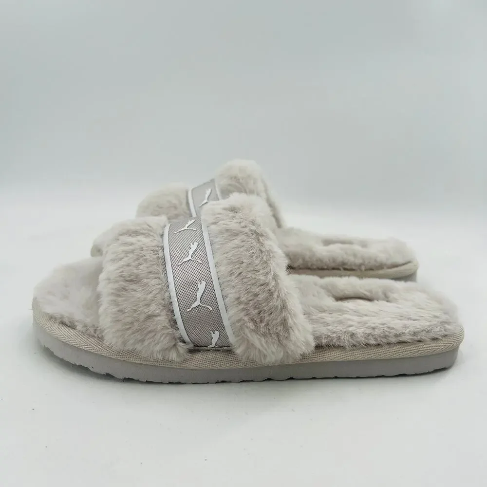 PUMA Fluff Remix Faux Fur Women's Shoes Slide Gray Sandals Size 5